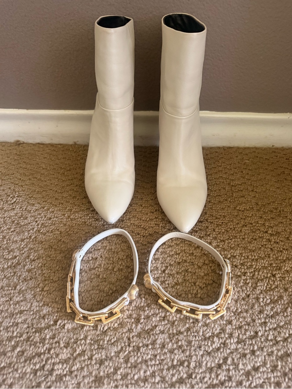 Avec Les Filles Cream Pointed Toe Ankle Boots with Gold Chain Straps